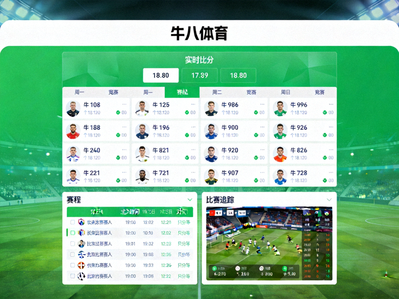 牛八体育直播界面展示实时比分、赛程和比赛追踪，绿色主题体育数据平台